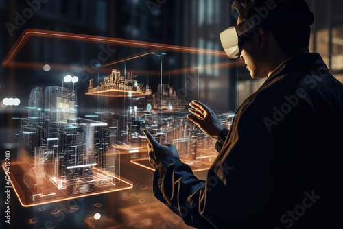 Male engineer or architect wearing virtual reality goggles designs city of the future by controlling buildings models in an augmented hologram at night in dark office. AR and VR technology concept.