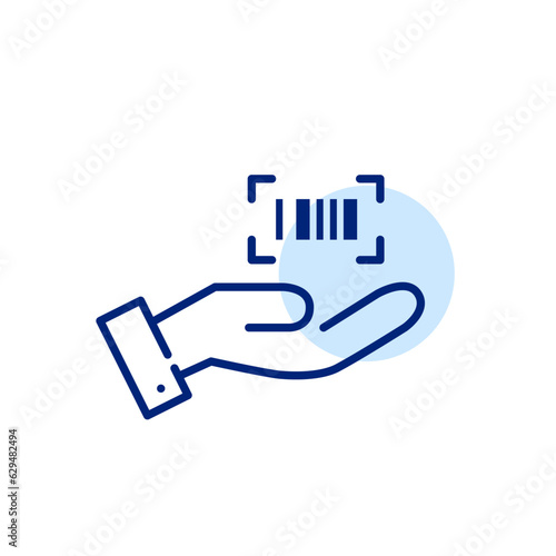 Hand holding a bar code. Product ID information. Scanning products at store for serial number or price tag. Pixel perfect, editable stroke icon