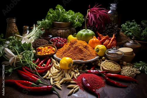 Cooking ingredients, colorful variety of spices, herbs and other ingredients