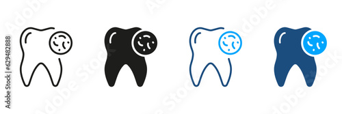 Tooth Bacteria Silhouette and Line Icon Set. Dental Treatment Black and Color Symbol Collection. Oral Virus Problem Pictogram. Microbe and Infection on Human Tooth. Isolated Vector Illustration
