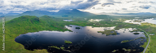 Lochan na h-Achlaise and Mountains around Buachaille Etive Mòr from a drone, River Coupall, Glen Etive and River Etive, Highlands, Scotland, UK