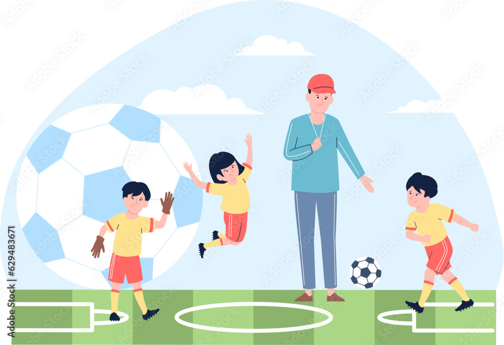 Kids playing football with trainer, soccer players scene. Cartoon children and ball, sport workout in school class. Outside activity recent vector concept Kids playing football with trainer, soccer players scene. Cartoon children and ball, sport workout in school class. Outside activity recent vector concept