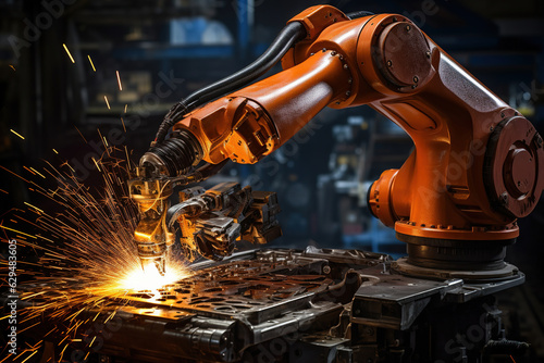 Robots machine welding, sparking in automotive part factory
