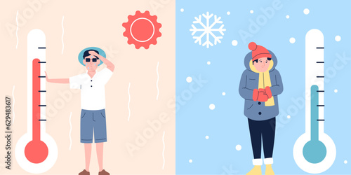 Winter and summer seasons, cold and hot weather. Flat man stand with thermometer. Different climate, coldness and heat recent vector concept