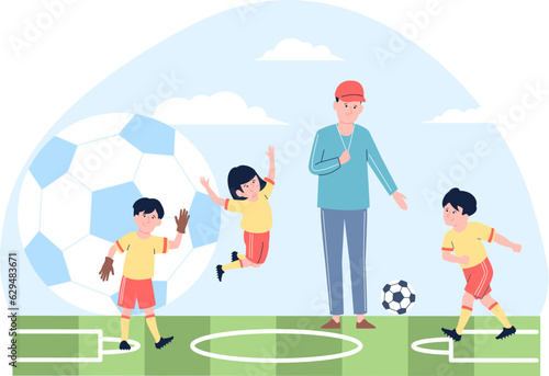 Kids playing football with trainer, soccer players scene. Cartoon children and ball, sport workout in school class. Outside activity recent vector concept