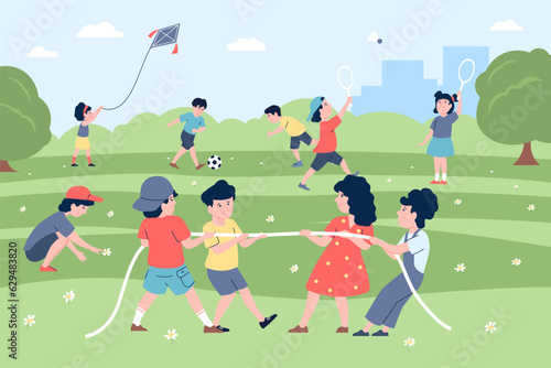 Outdoor kids tug of war, children play in park with kite and ball. Teamwork game, pull rope for little child. Cartoon activity recent vector scene