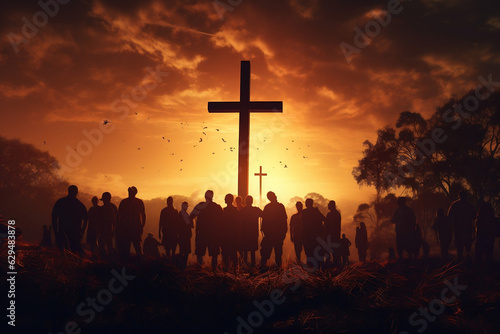 Searching for Salvation: Silhouetted Figures Seeking the Cross amidst a Majestic Sunrise