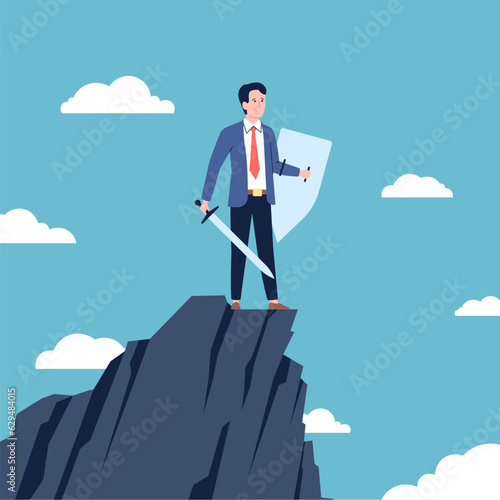 Warrior businessman, security and leadership concept. Powerful man holding protecting shield and sword. Modern business knight recent vector scene