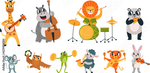 Performing animal musician party. Funny animals play music concert. Musical instruments, cartoon wildlife musicians, zoo classy vector characters