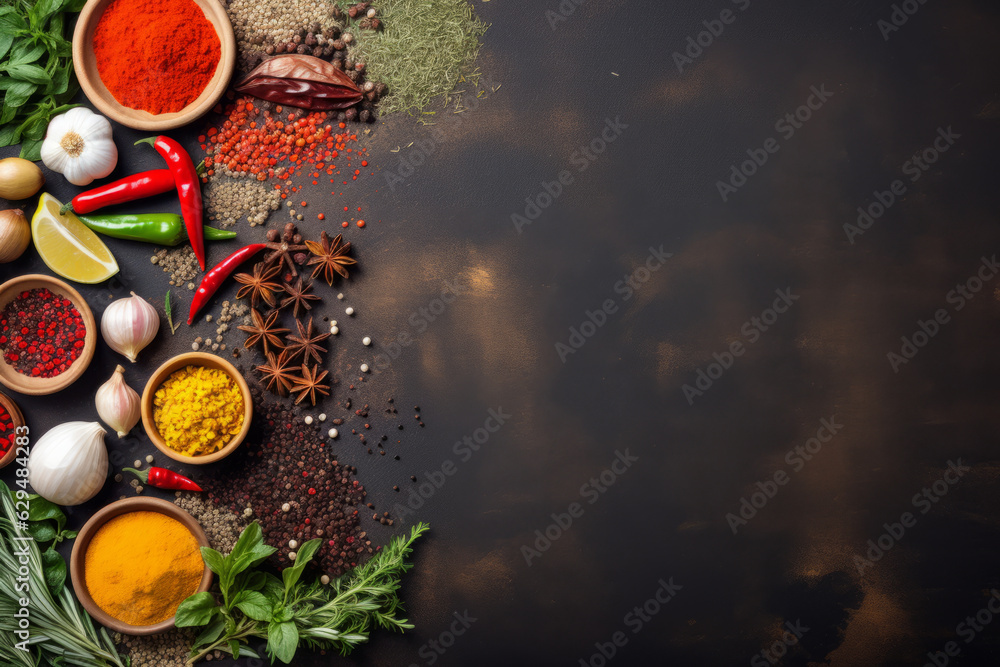 Top view of cooking ingredients, colorful variety of spices, herbs and other ingredients Top view of cooking ingredients, colorful variety of spices, herbs and other ingredients