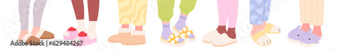 Legs in slippers, kid neat slipper at home. Foot in fluffy footwears, women or children pajama party. Cozy house winter accessories, racy vector set