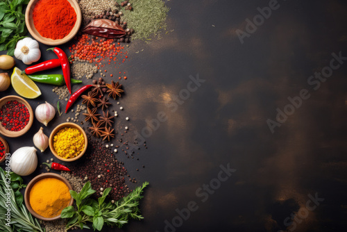 Fototapeta Naklejka Na Ścianę i Meble -  Top view of cooking ingredients, colorful variety of spices, herbs and other ingredients