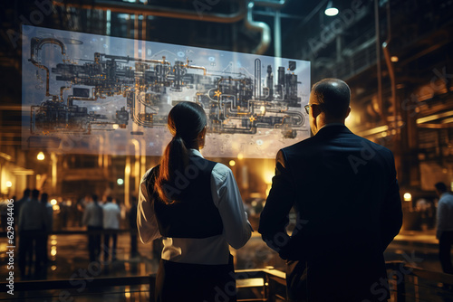 Male and Female Industrial Engineers Look at Project Blueprints in holography While Standing Surround By Pipeline Parts in the Middle of Enormous Heavy Industry Manufacturing Factory