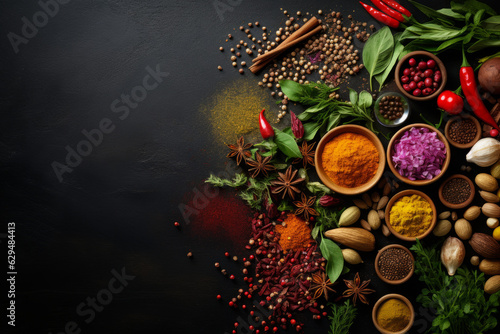 Top view of cooking ingredients, colorful variety of spices, herbs and other ingredients