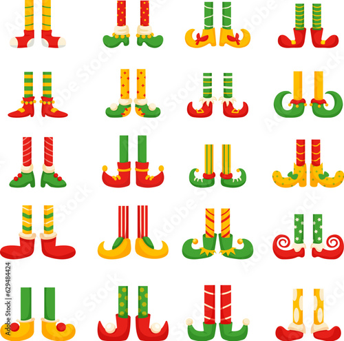 Elves legs, christmas dwarf feet in pants and shoes. Fun elf leg, cute cartoon gnomes elements. Isolated holiday xmas decorative nowaday vector set