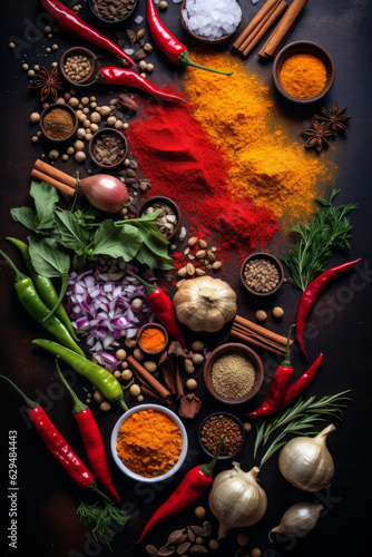 Fototapeta Naklejka Na Ścianę i Meble -  Top view of cooking ingredients, colorful variety of spices, herbs and other ingredients