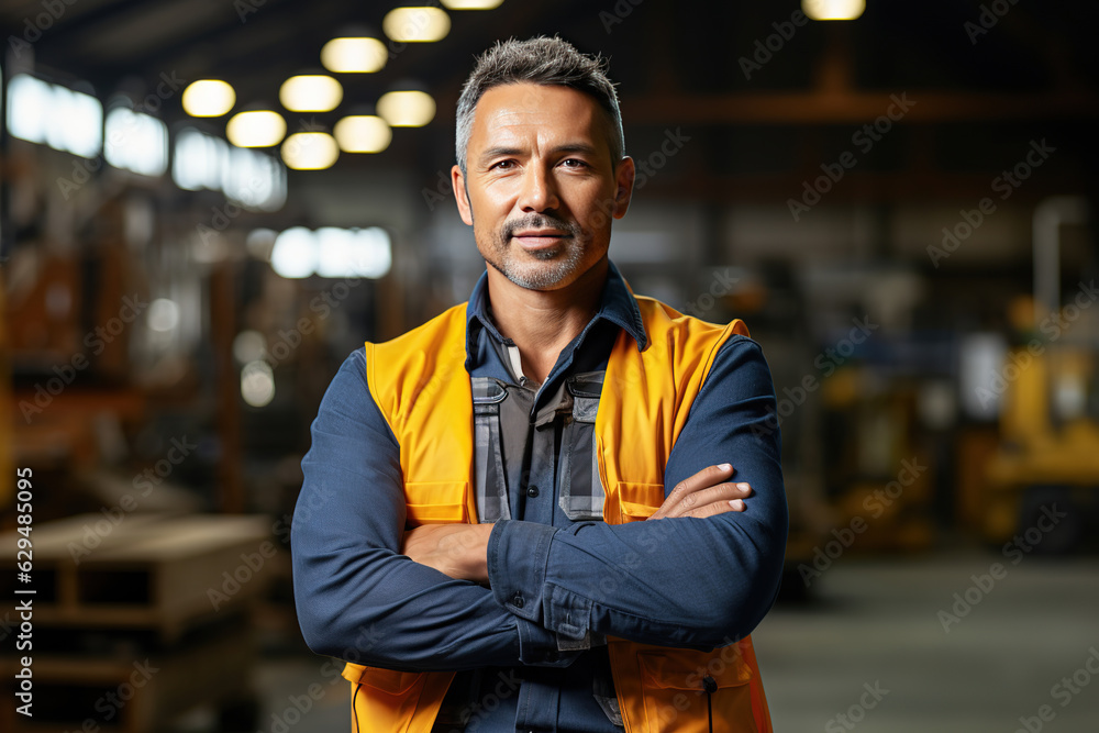 Fototapeta premium Construction site manager standing or worker with folded arms wearing safety vest and helmet, thinking at construction site. Portrait of mixed race manual worker or architect with satisfaction.
