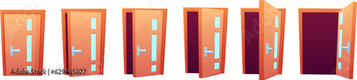Open and close door. Opening animation, cartoon house or apartment entrance. Room or home design wooden element, travel nowaday vector concept