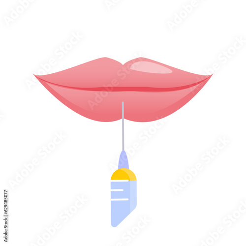 Lip dermal filler plumping injection for volume enhancement. Mouth cosmetic treatment of contouring and reshaping correction. Rejuvenation beauty concept. Flat vector illustration isolated on white.
