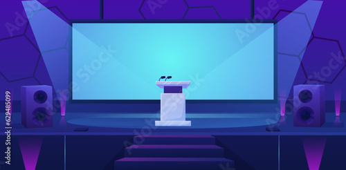 Empty event conference hall, cartoon concrete or university stage. Awards discussion scene, speaker podium or seminar tribune nowaday vector location