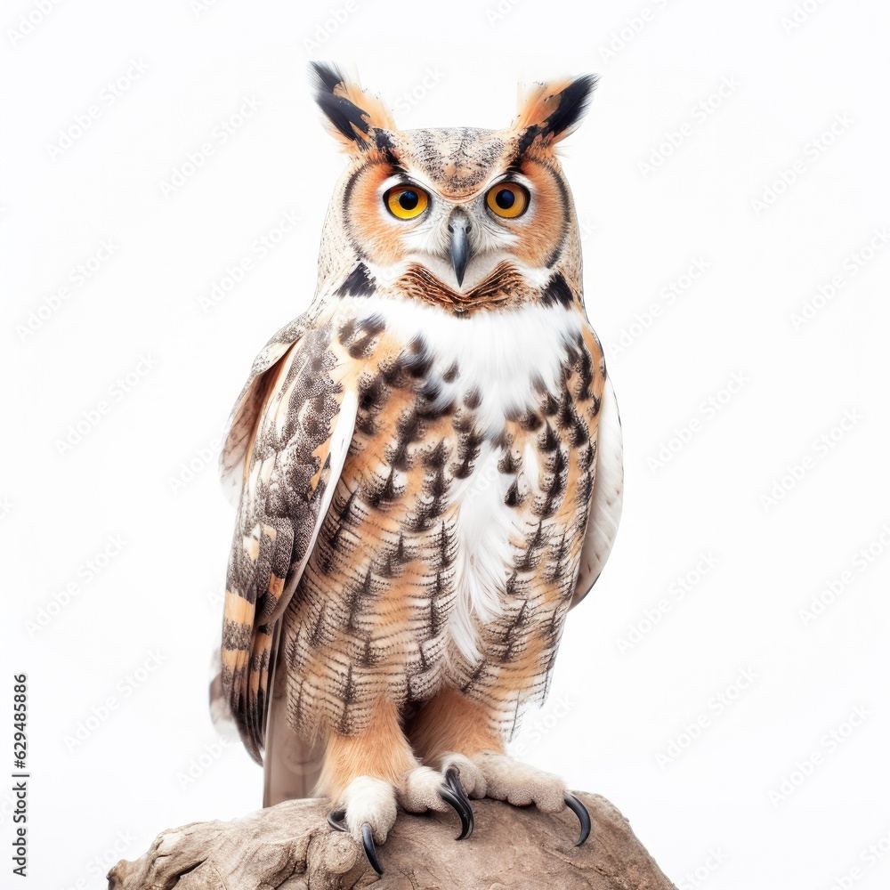 Great horned owl bird isolated on white. Generative AI Great horned owl bird isolated on white. Generative AI