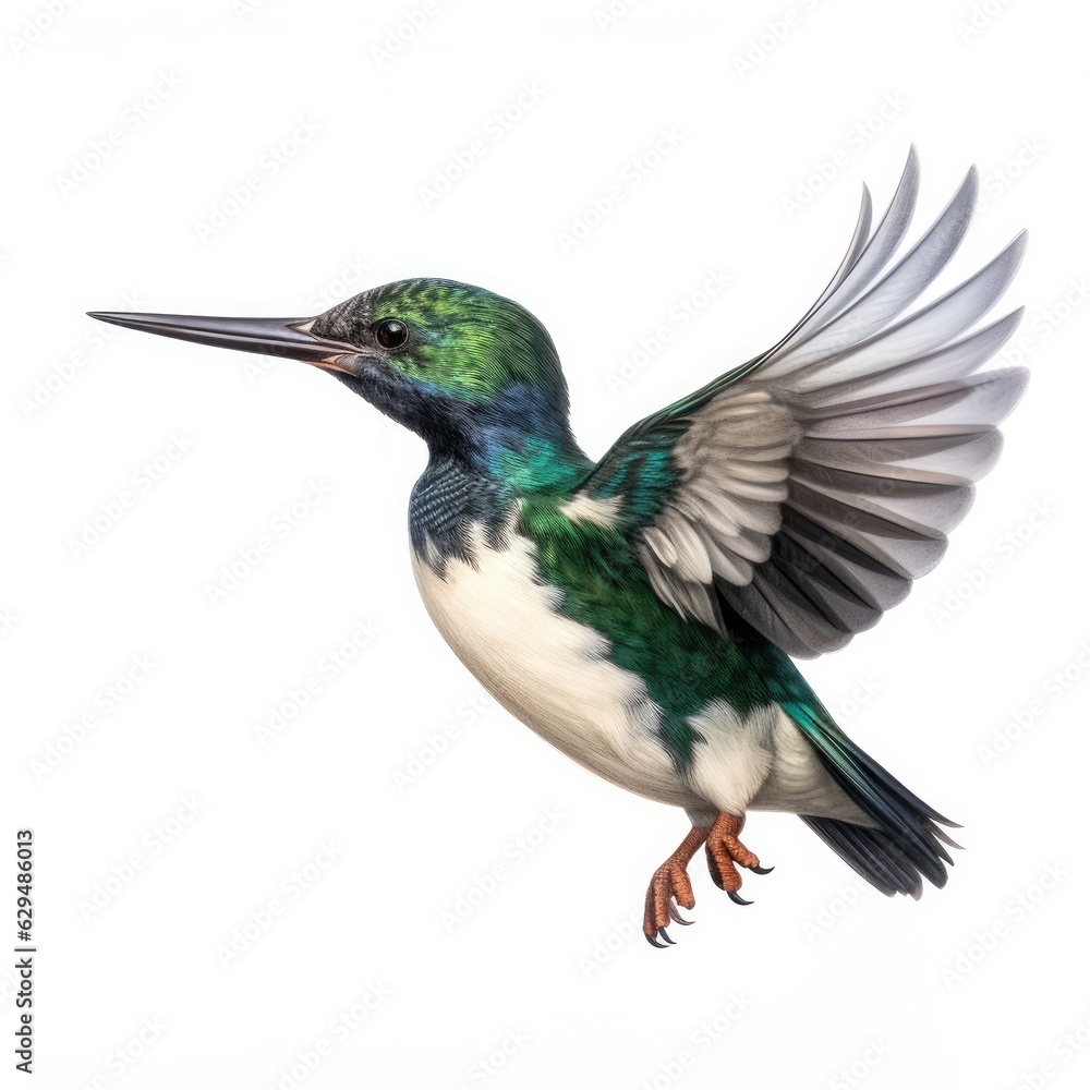 Fototapeta premium Green kingfisher bird isolated on white. Generative AI