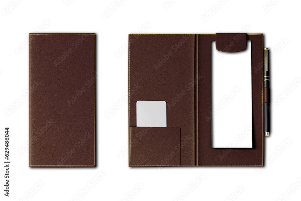 Blank Brown leather Bill folder mockup isolated on white background. check holder restaurant.3d rendering. Blank Brown leather Bill folder mockup isolated on white background. check holder restaurant.3d rendering.