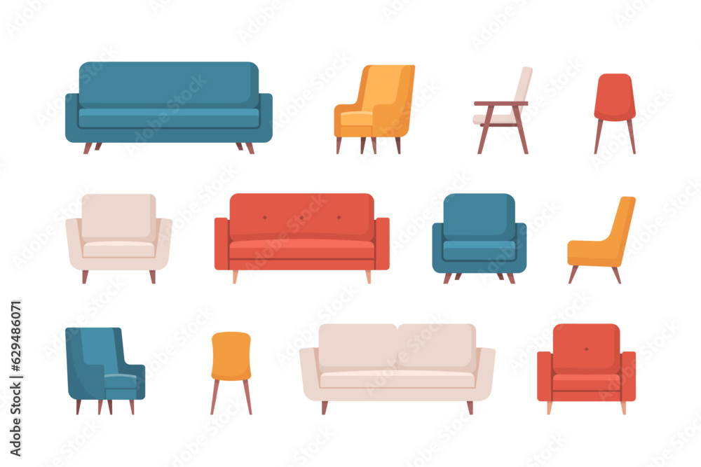 Cozy home interior design objects set. Interior furniture. Sofa, armchair, chair. Vector illustration in flat style