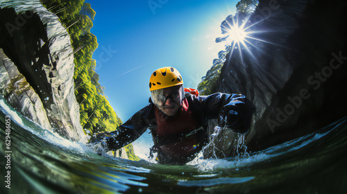 Canyoning Extreme Sport. bright colors. Wide lens style. Generative AI. © s1llu