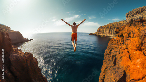 Cliff Diving Extreme Sport. bright colors. Wide lens style. Generative AI. 