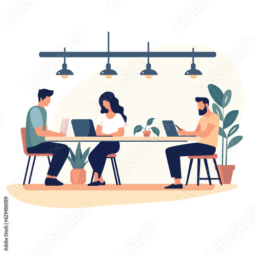 Flat 2D illustration of people working at a co-working office
