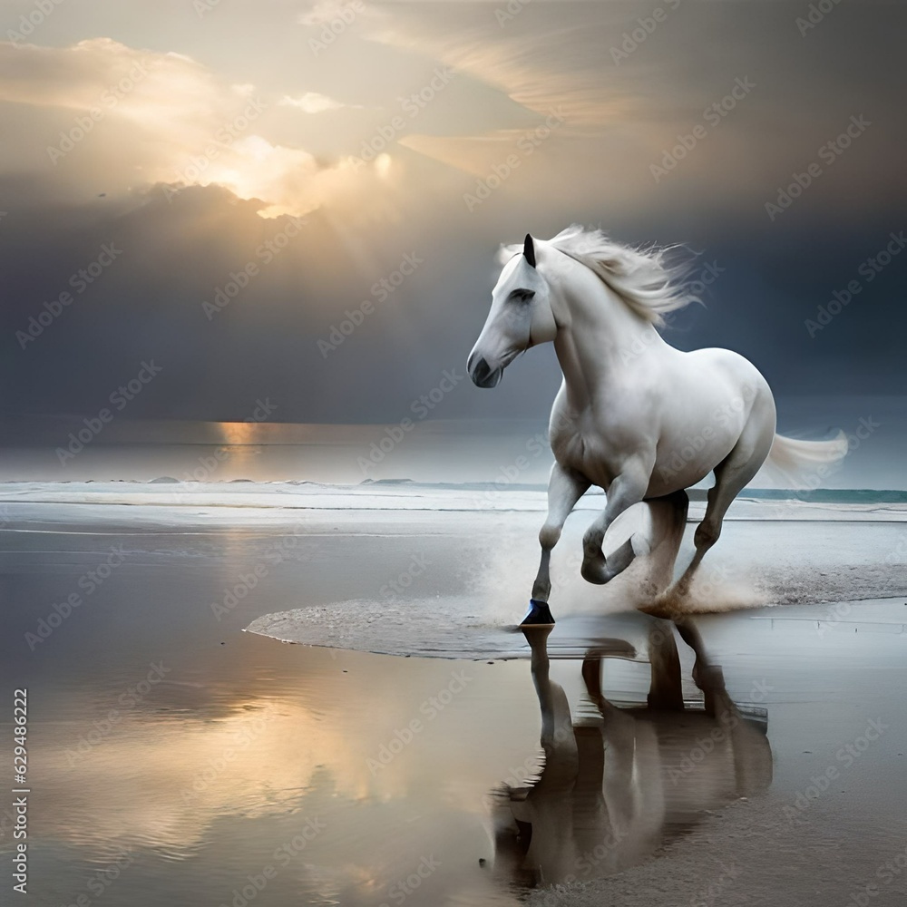 Fototapeta premium white horse on the beach
