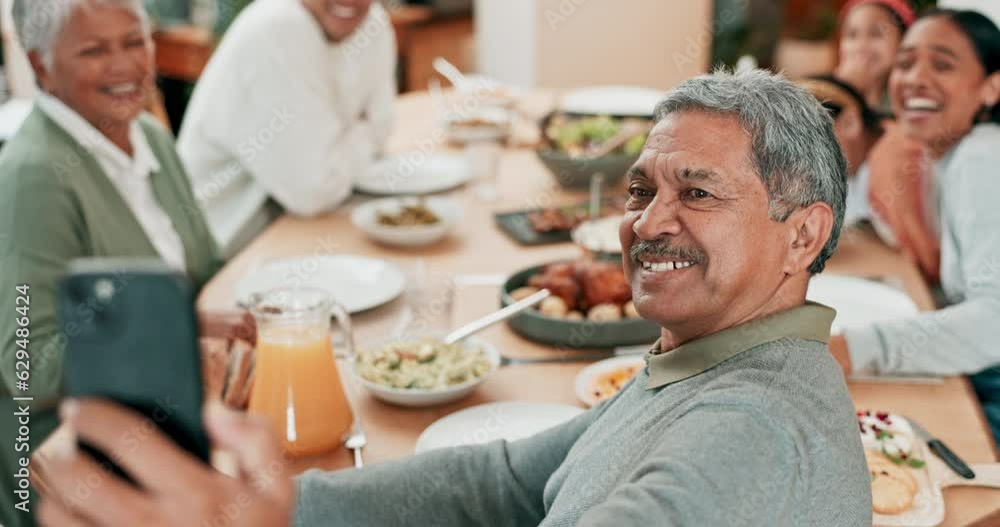 Family, selfie and grandfather with food for happiness at table for celebration in home with children. Kids, parents and senior man taking photograph together in dinning room with smile during lunch. Family, selfie and grandfather with food for happiness at table for celebration in home with children. Kids, parents and senior man taking photograph together in dinning room with smile during lunch.