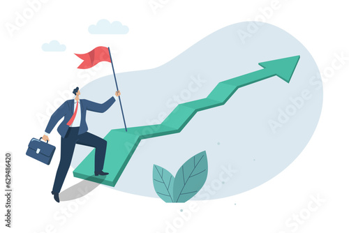 The first step to start, difficult path is the path to beautiful rewards The challenge to goals and starting, Businessman started walking upward arrow to reach target, Vector design illustration.