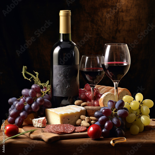 Red wine bottle, filled glass, cheese, grapes and sausage
