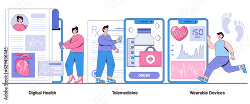 Digital Health, Telemedicine, Wearable Devices Concept with Character. Healthcare Technology Abstract Vector Illustration Set. Wellness, Monitoring, Connected Care Metaphor