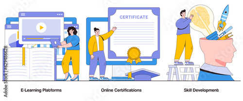 E-Learning Platforms, Online Certifications, Skill Development Concept with Character. Digital Education Abstract Vector Illustration Set. Empowerment, Career Growth, Continuous Learning Metaphor