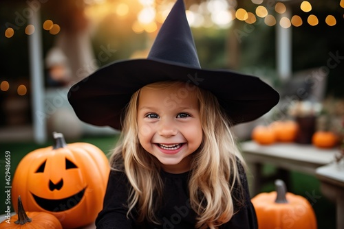 Front view of cute beautiful girl with witch costume Halloween made with generative ai technology