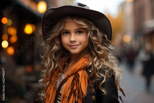 Front view of cute beautiful girl with witch costume Halloween made with generative ai technology