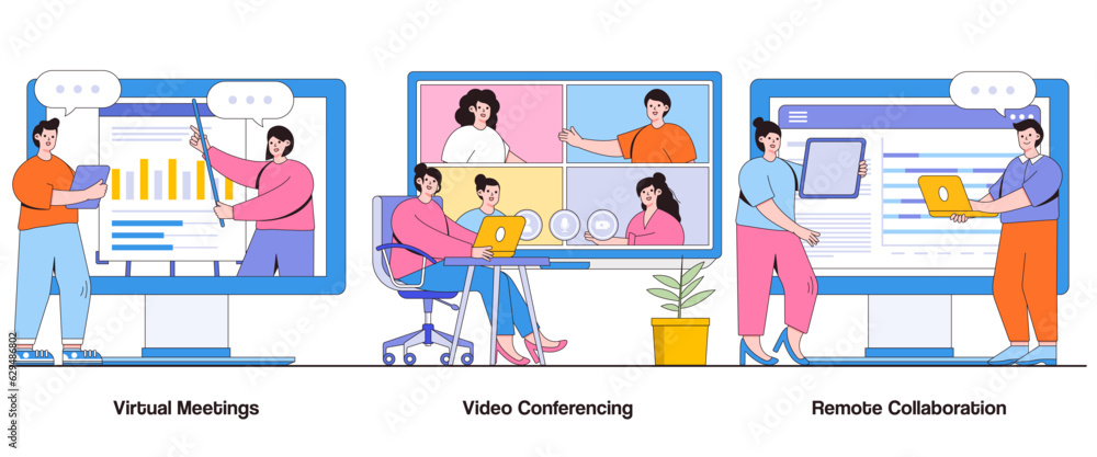 Virtual Meetings, Video Conferencing, Remote Collaboration Concept with Character. Digital Communication Abstract Vector Illustration Set. Connectivity, Efficiency, Virtual Teamwork Metaphor