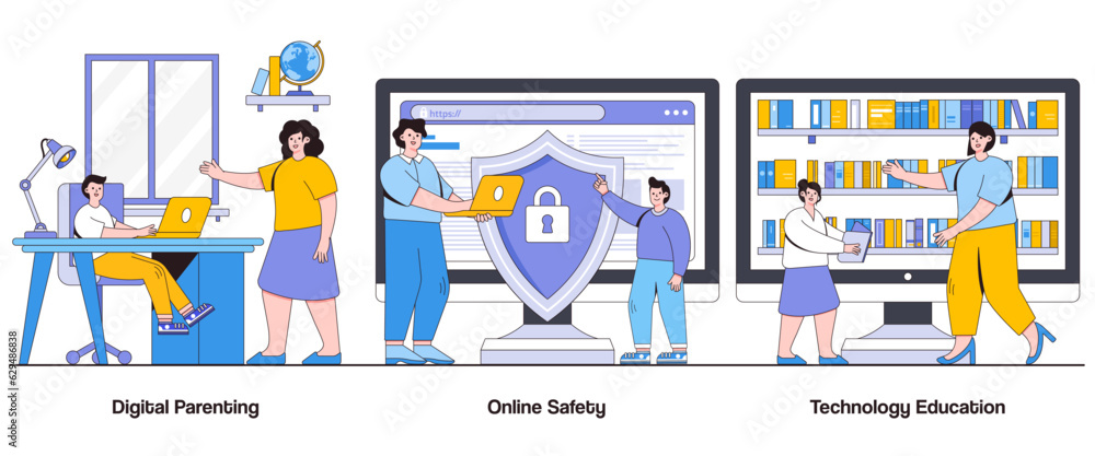 Digital Parenting, Online Safety, Technology Education Concept with Character. Digital Family Abstract Vector Illustration Set. Guidance, Monitoring, Healthy Digital Habits Metaphor Digital Parenting, Online Safety, Technology Education Concept with Character. Digital Family Abstract Vector Illustration Set. Guidance, Monitoring, Healthy Digital Habits Metaphor