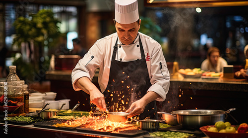 Fotografia A chef is demonstrating his cooking methods in the restaurant, attracting many c