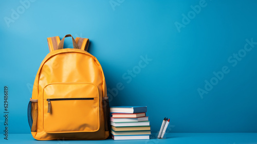 School backpack on blue background with space for text.    Generative AI