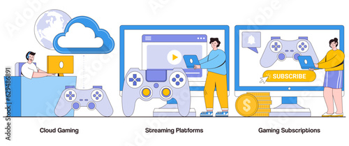 Cloud Gaming, Streaming Platform, Gaming Subscription Concept with Character. Gaming on Demand Abstract Vector Illustration Set. Accessibility, Multi-Platform Gaming, Endless Gaming Library Metaphor
