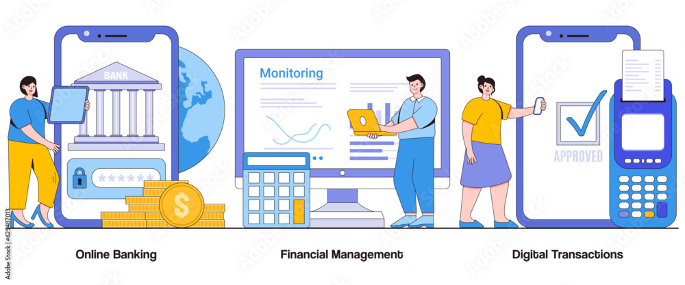 Online Banking, Financial Management, Digital Transactions Concept with Character. Digital Finance Abstract Vector Illustration Set. Convenience, Security, Financial Empowerment Metaphor