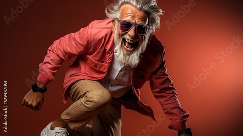 happy smiling excited crazy elderly man is speeding riding a skateboard  full body  fashion photography  studio shot  studio light  red backdrop. Generative AI