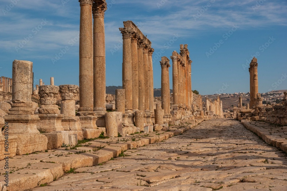 Jordan, Gerasa (Jerash) is ancient city that is six and a half thousand years old. Main street of Jerash is Cardo Maximus. Cardo Maximus is perfectly straight street with high columns along sides