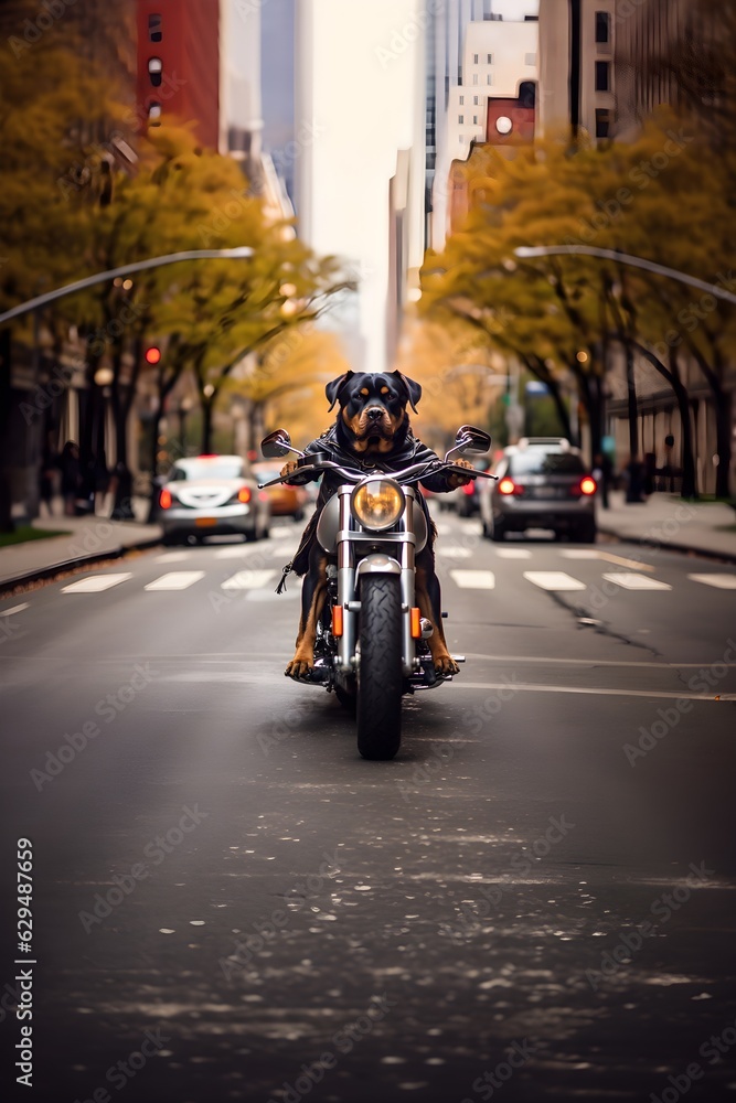 A Rottweiler dog riding a motorcycle on a New York City street