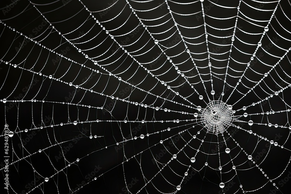 White spider web with water drops on a black background. Halloween theme.