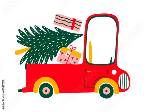 Greeting postcard with retro cartoon pickup car. Red truck with christmas tree, shopping and gifts for Christmas. Vector illustration for card, cover, t shirt, bag.